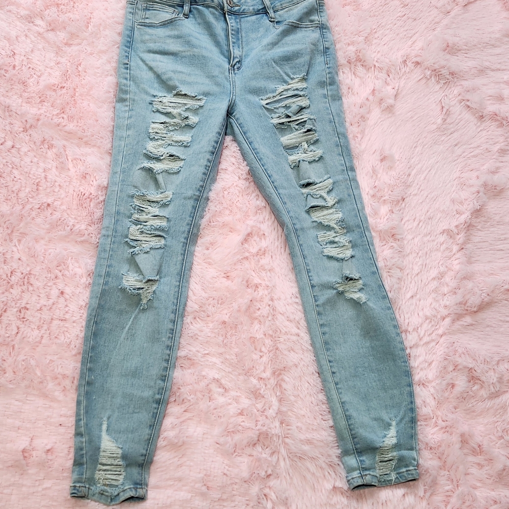 Rue 21 Distressed Skinny Light Blue Wash Women's Jeans Tapered Leg Frayed Ankle